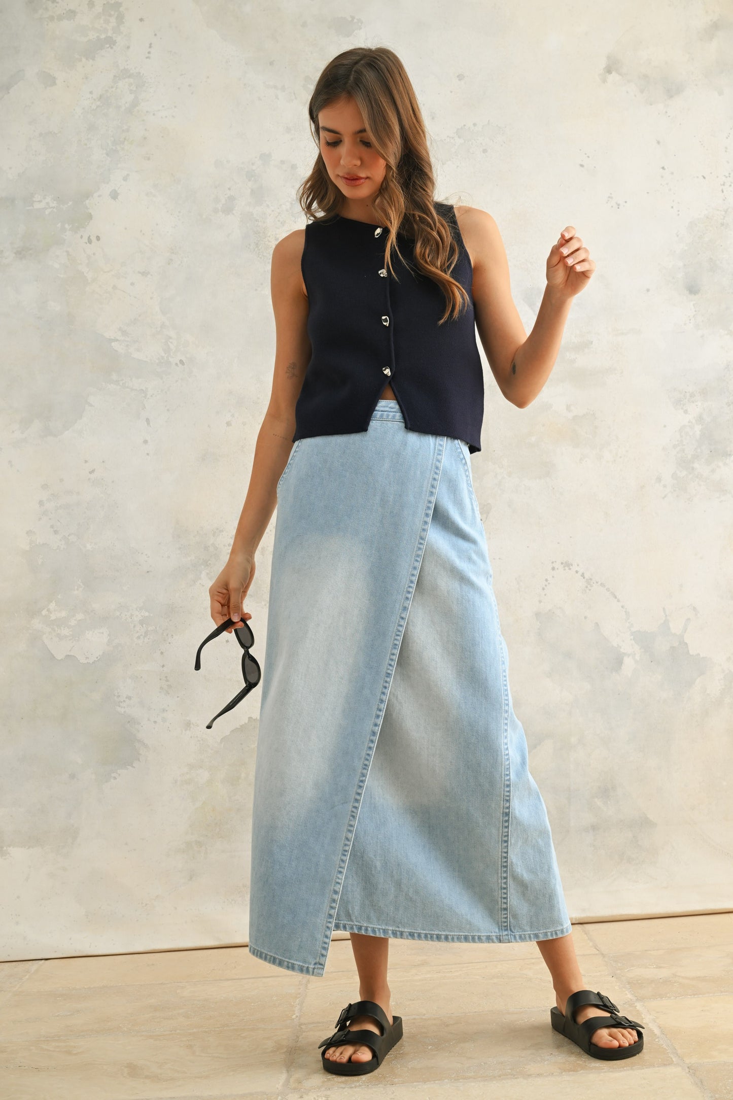 Denim Overlap Long Skirt