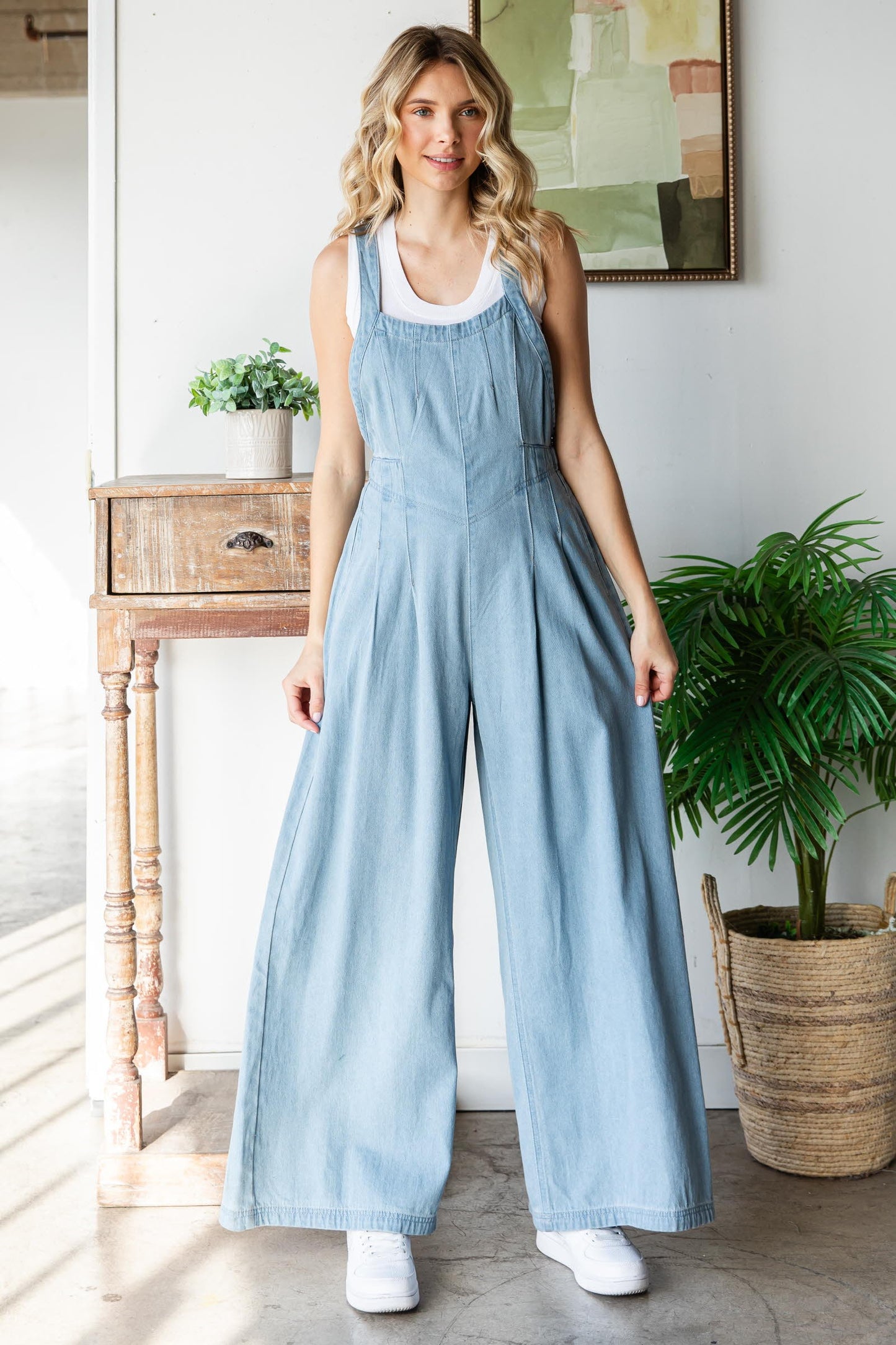 Pleated Denim Overalls