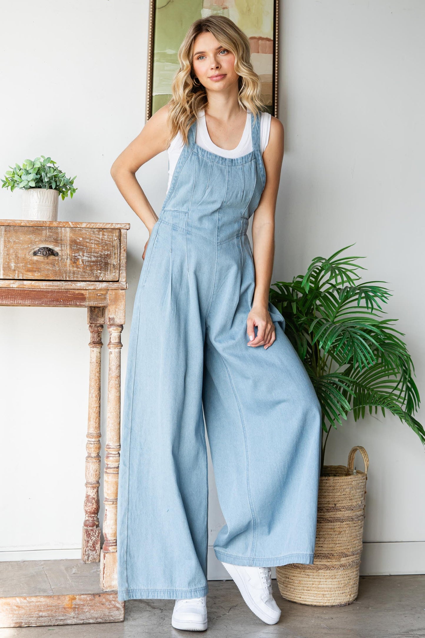 Pleated Denim Overalls