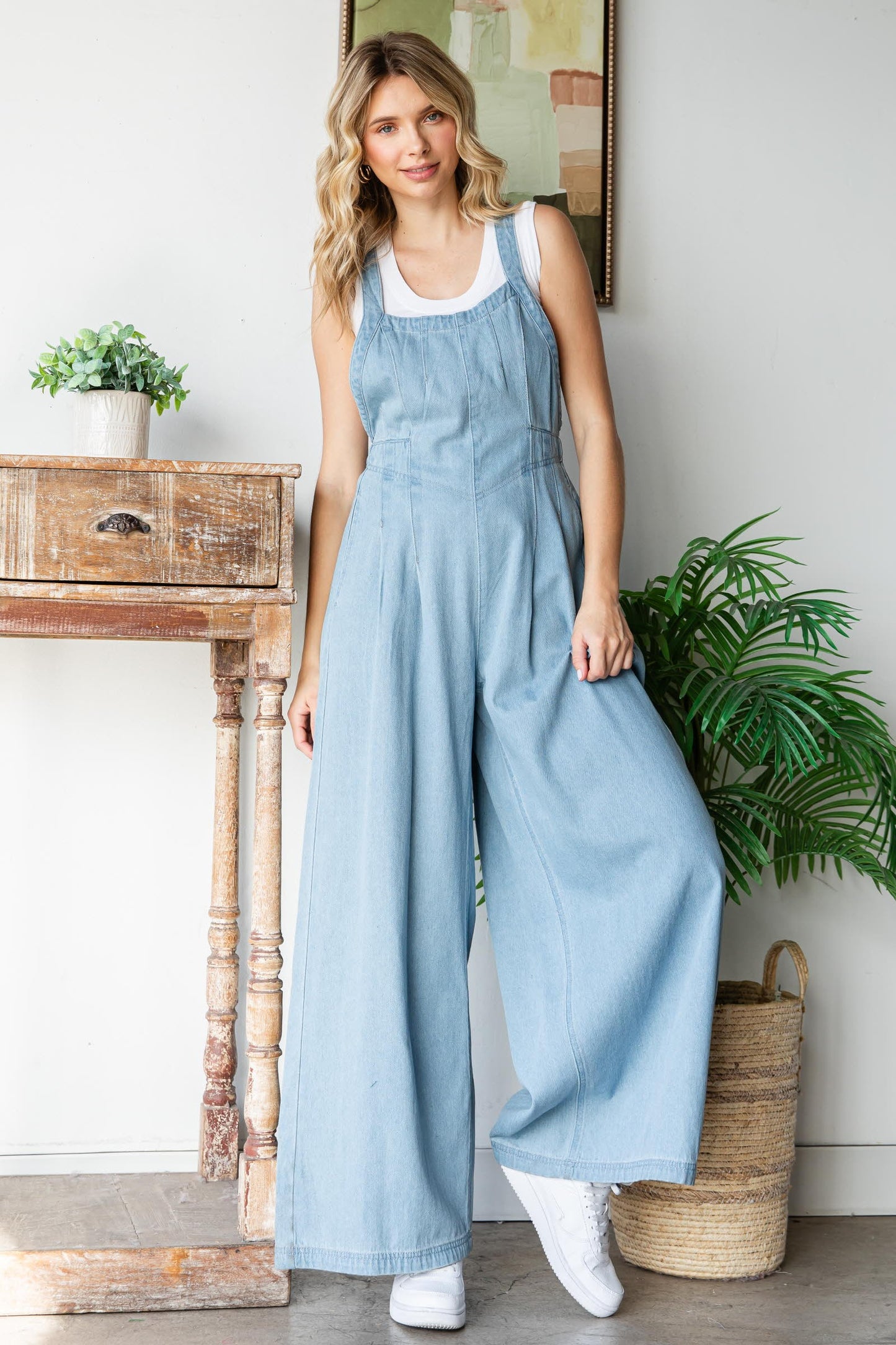 Pleated Denim Overalls