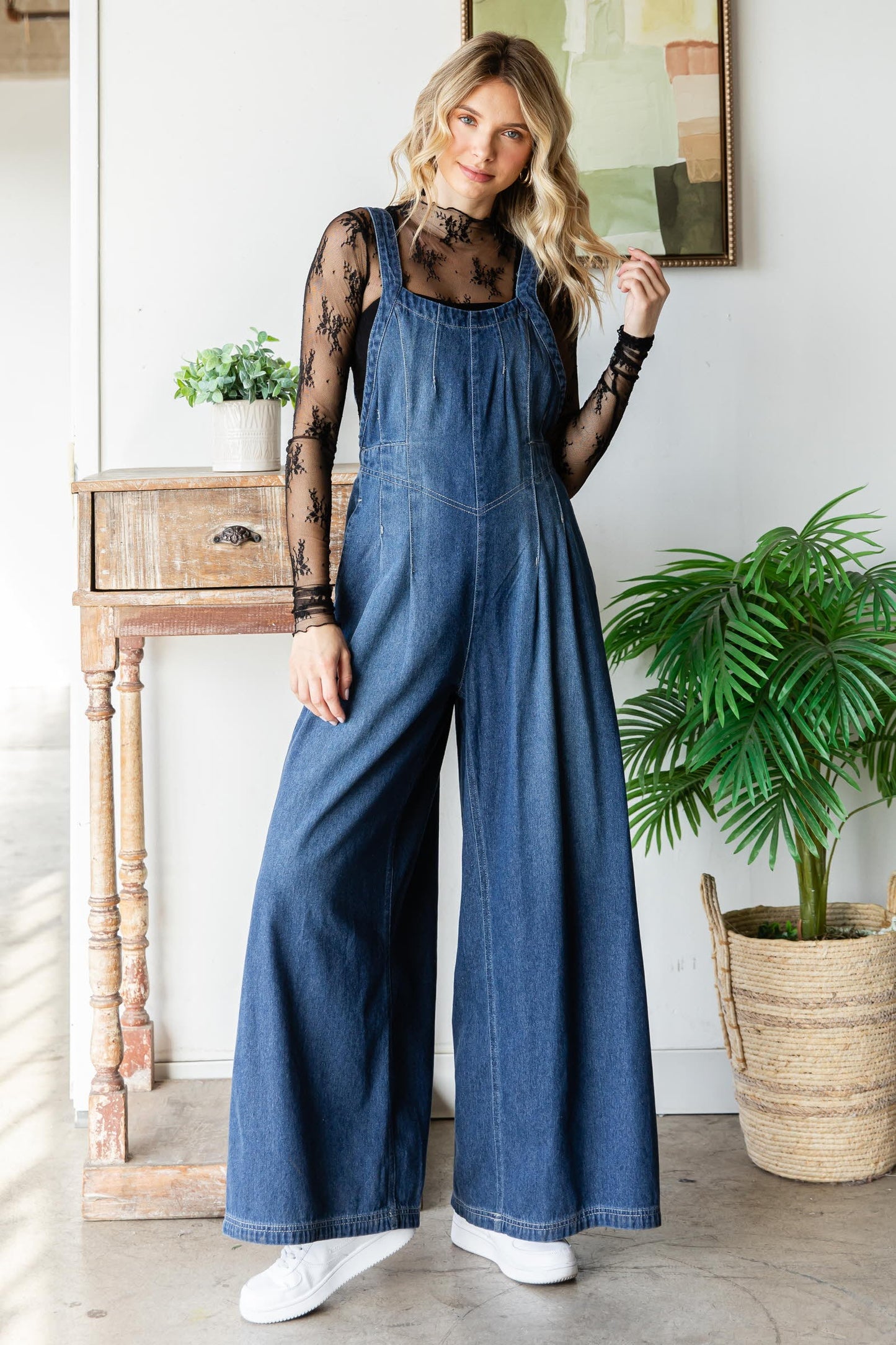 Pleated Denim Overalls