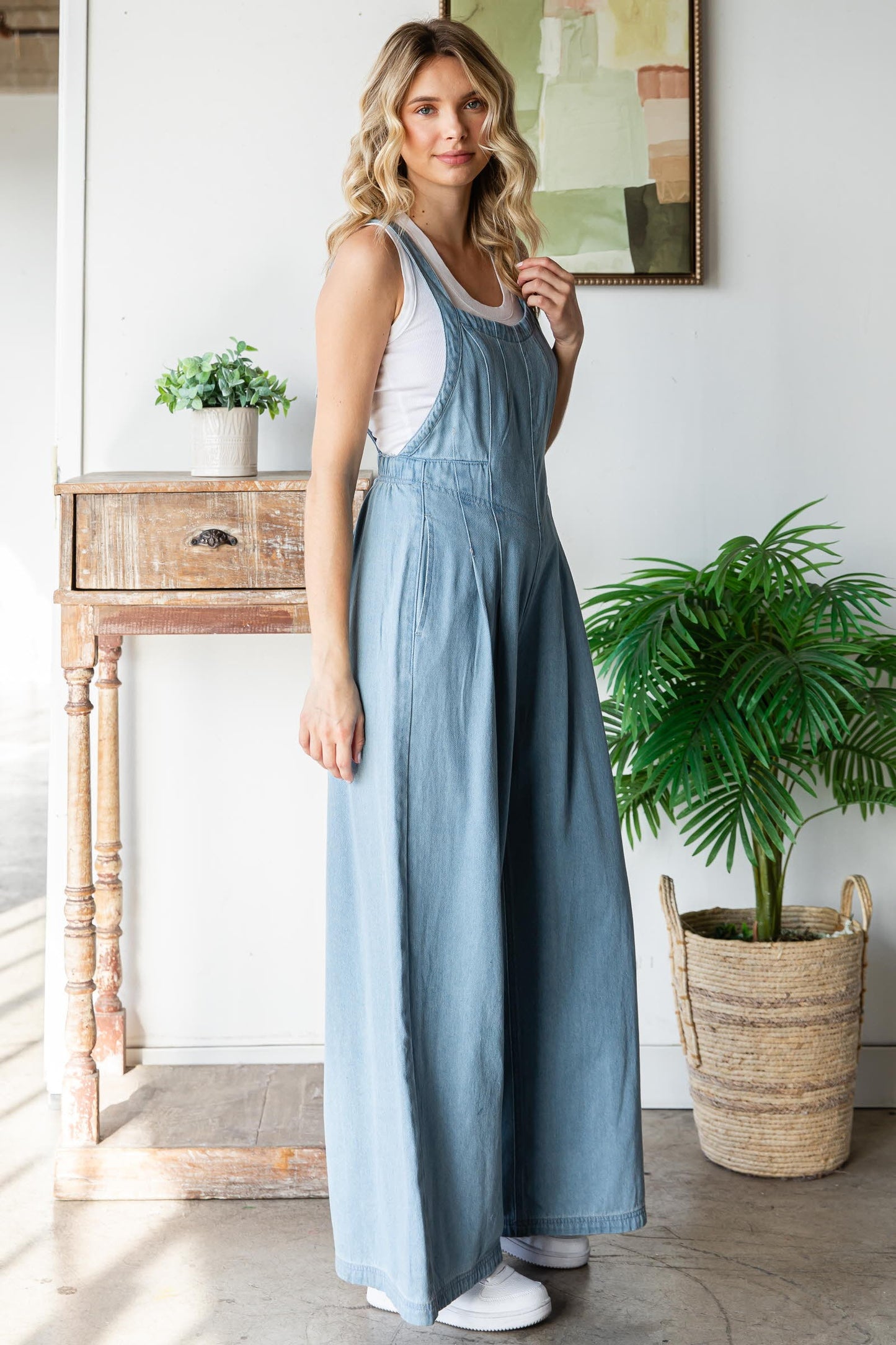 Pleated Denim Overalls