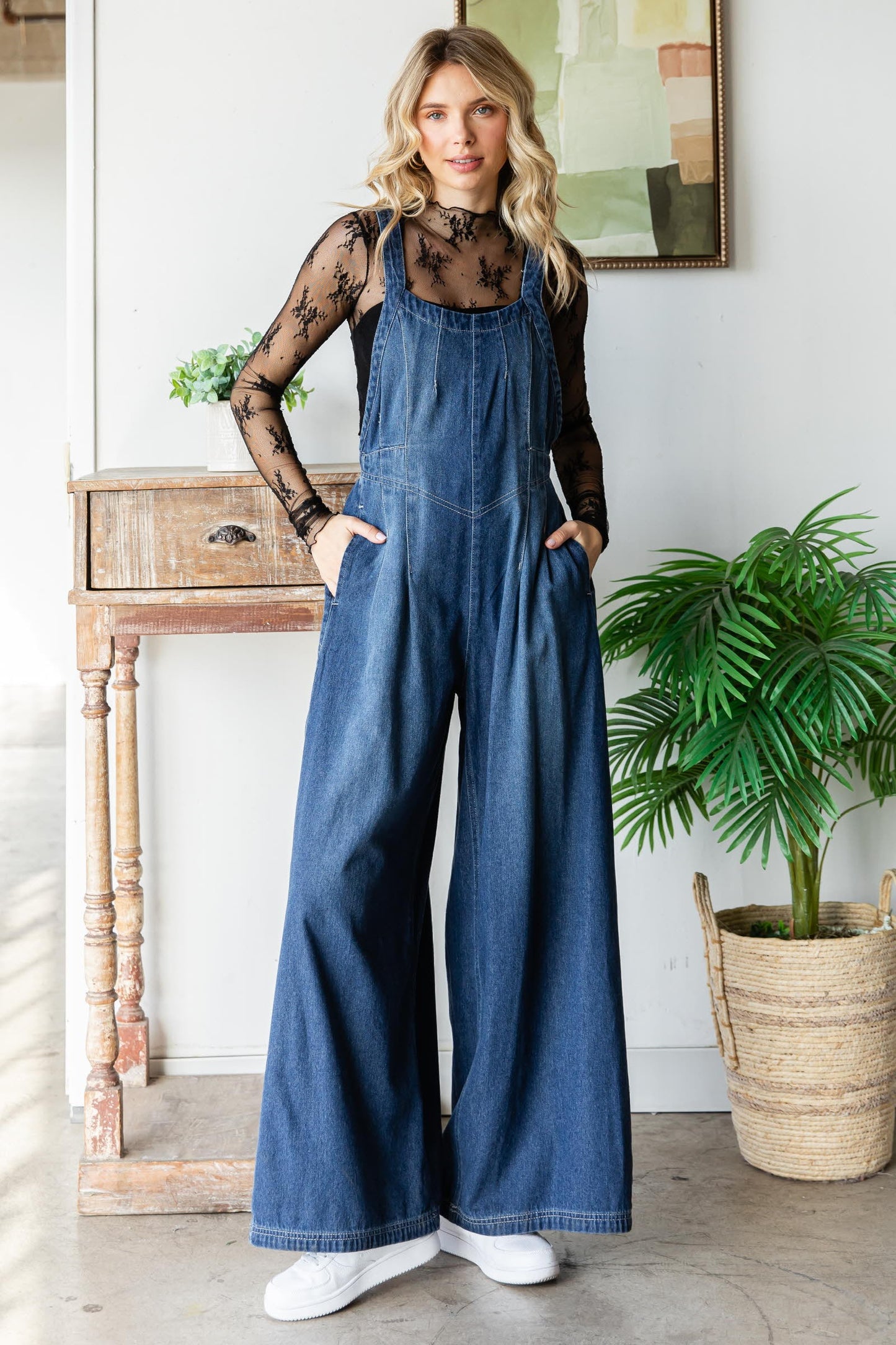 Pleated Denim Overalls