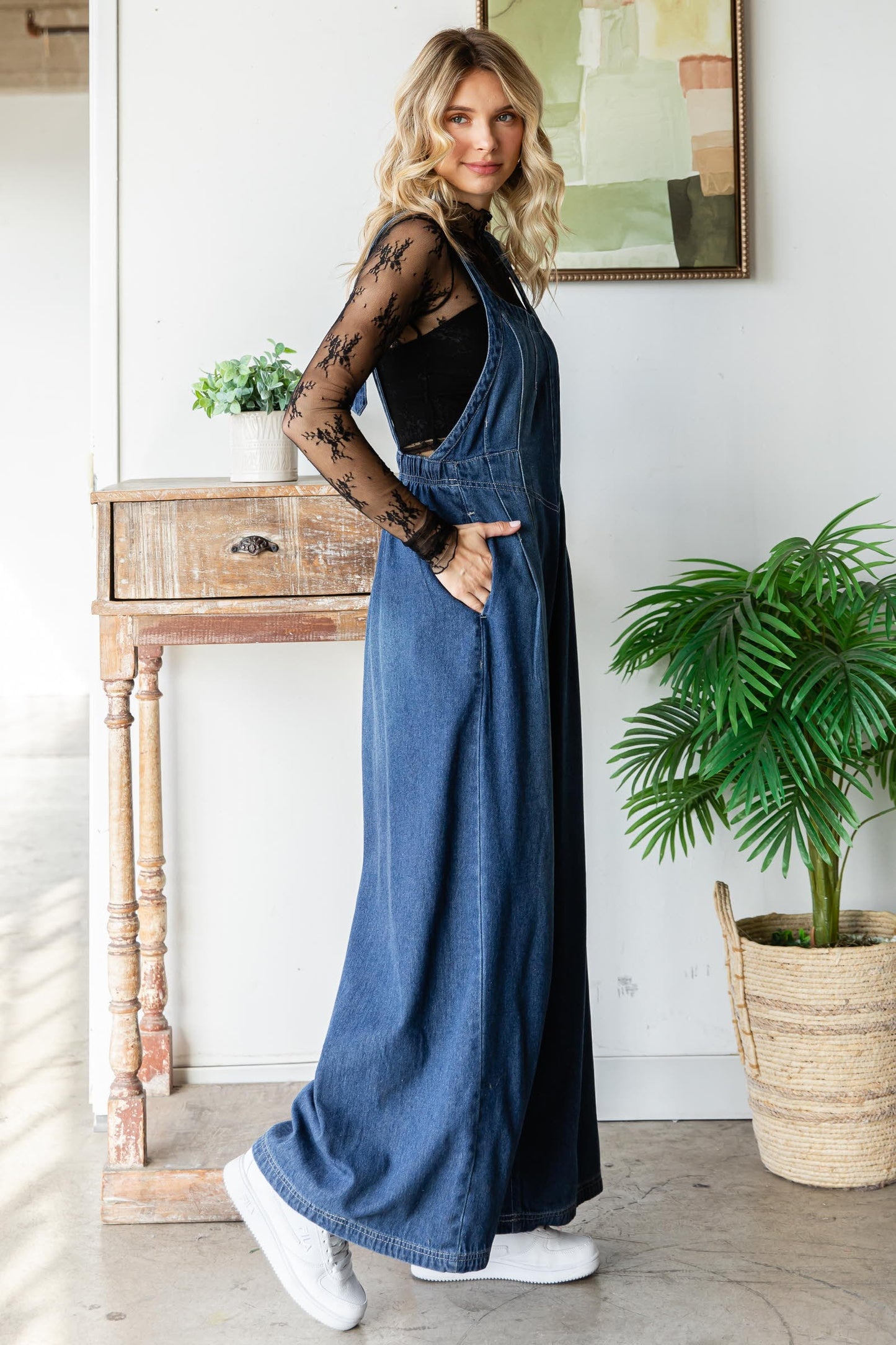 Pleated Denim Overalls