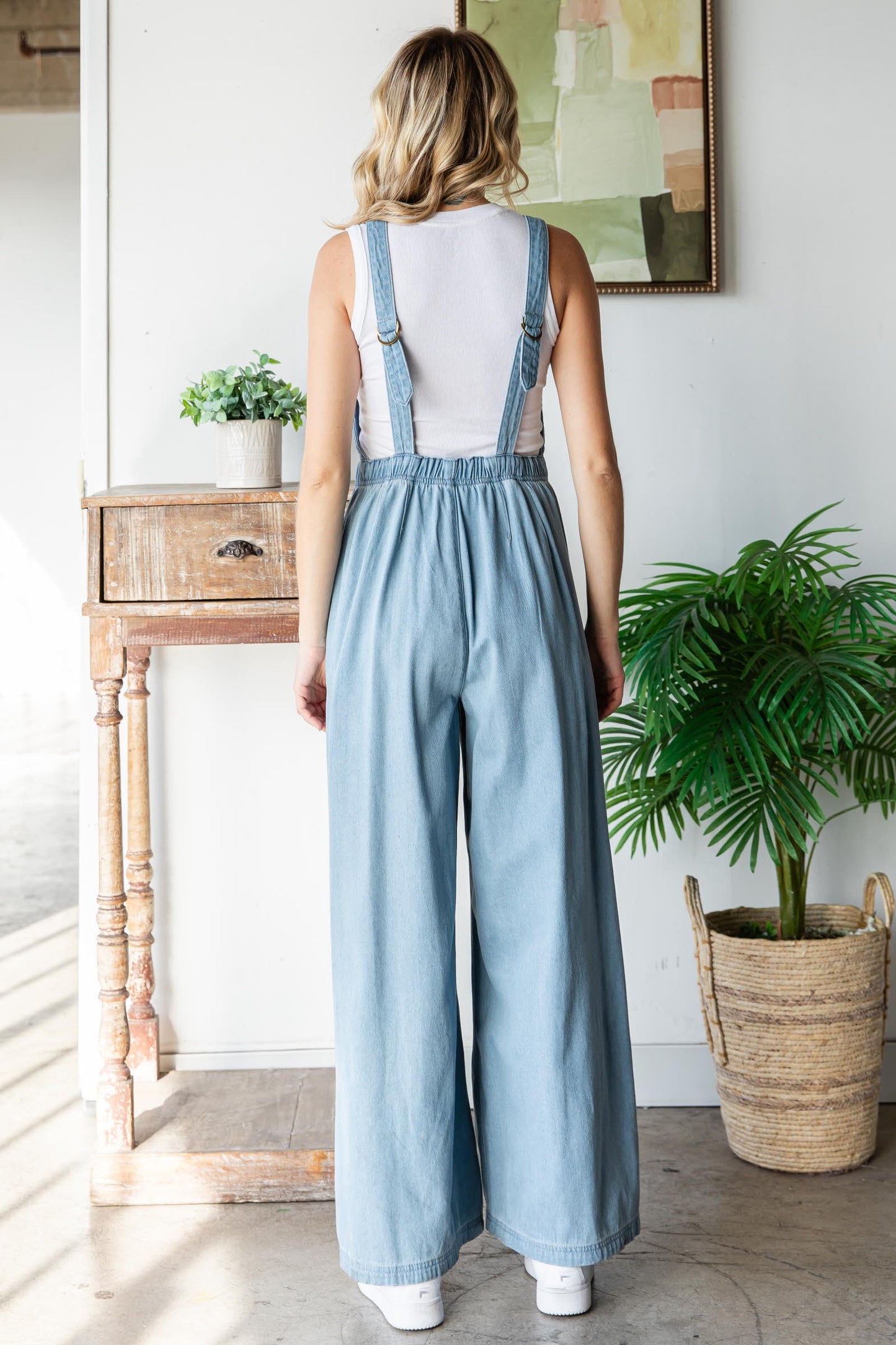 Pleated Denim Overalls