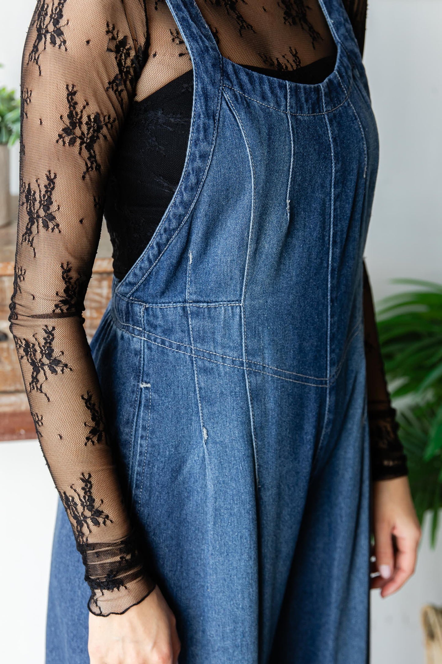 Pleated Denim Overalls