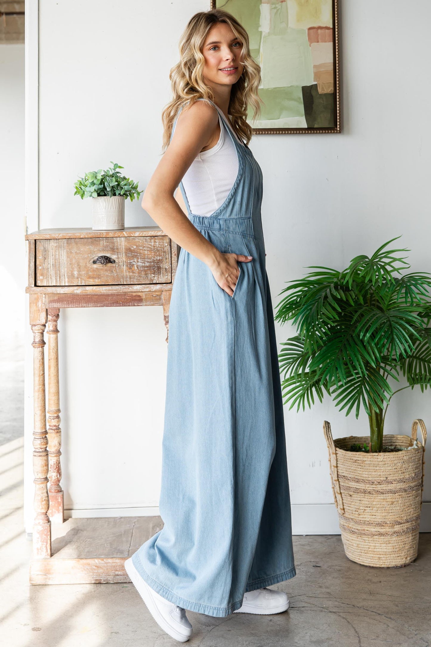 Pleated Denim Overalls