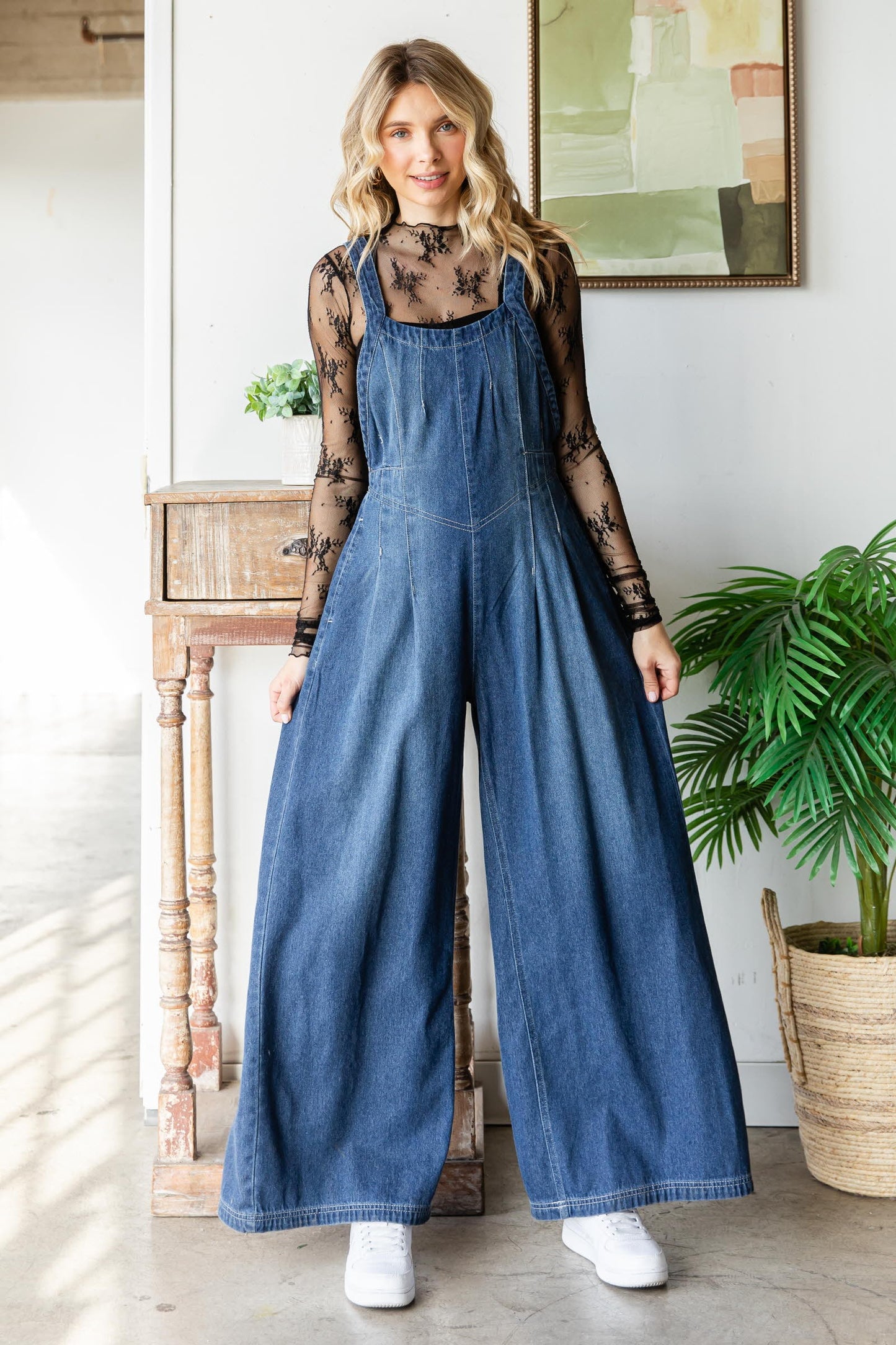 Pleated Denim Overalls