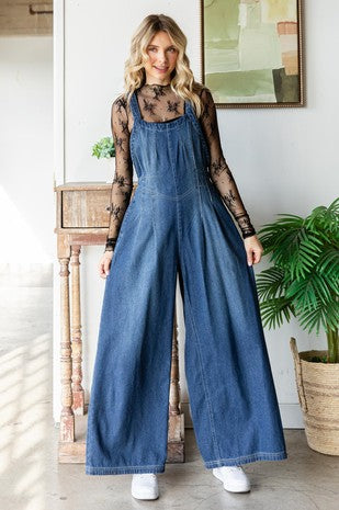 Pleated Denim Overalls