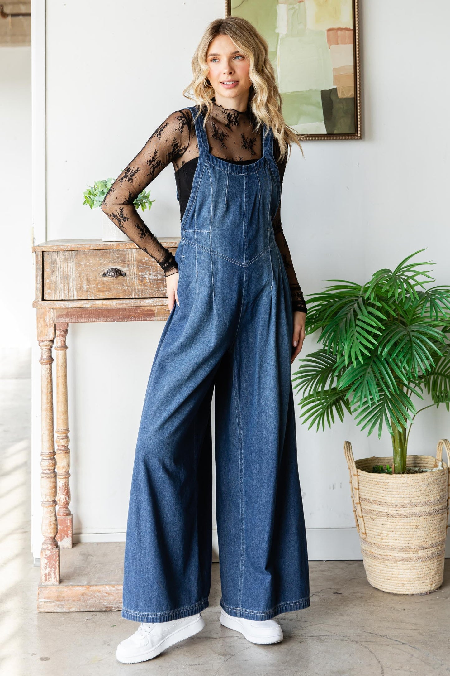 Pleated Denim Overalls