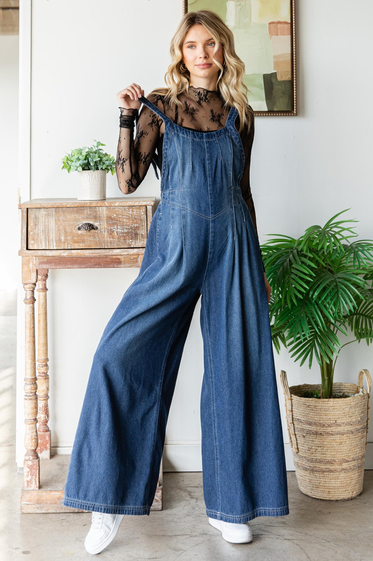 Pleated Denim Overalls