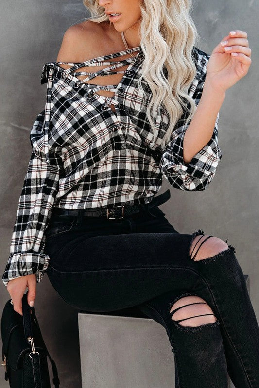Plaid Drawstring Blouse