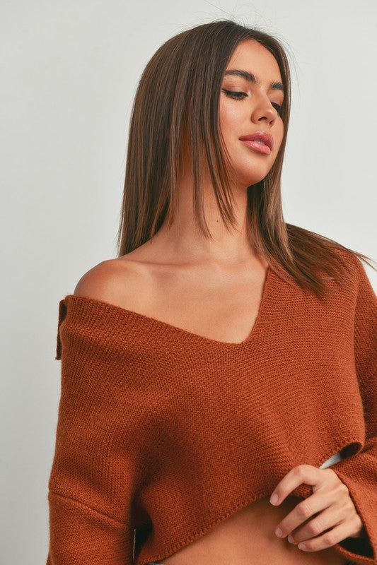 Drop Shoulder Sweater w/ V-Neck