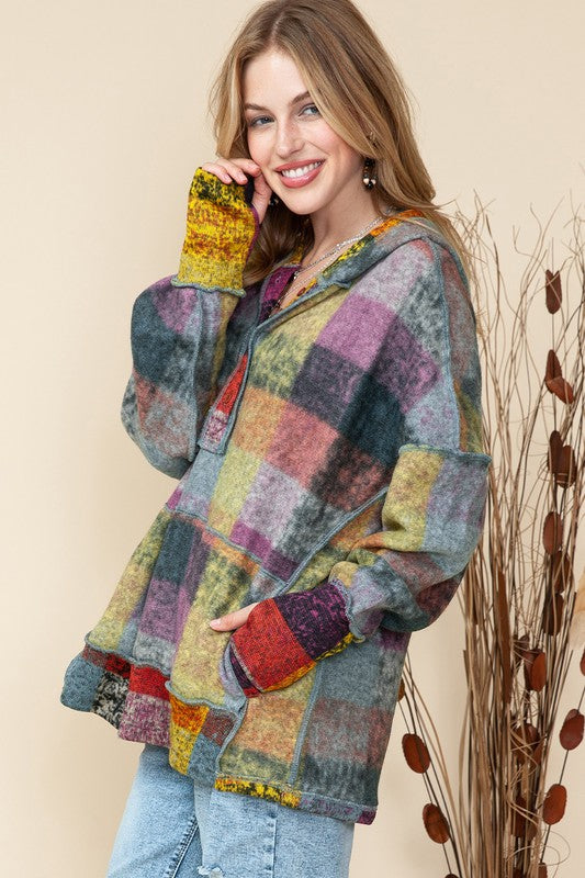Red Green Mustard Plaid Inside-out Hood Tunic