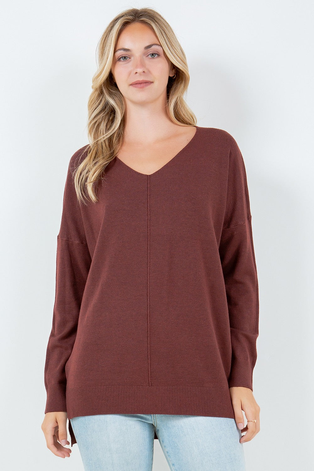 Front Seam V-Neck Sweater