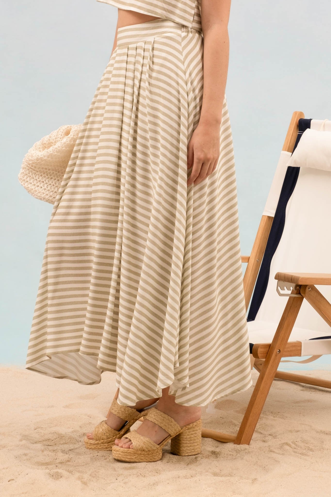 Stripe Pleated Midi Skirt