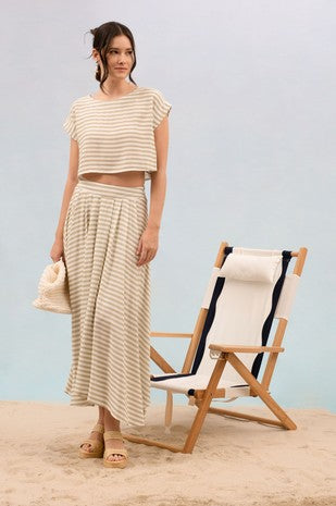 Stripe Pleated Midi Skirt