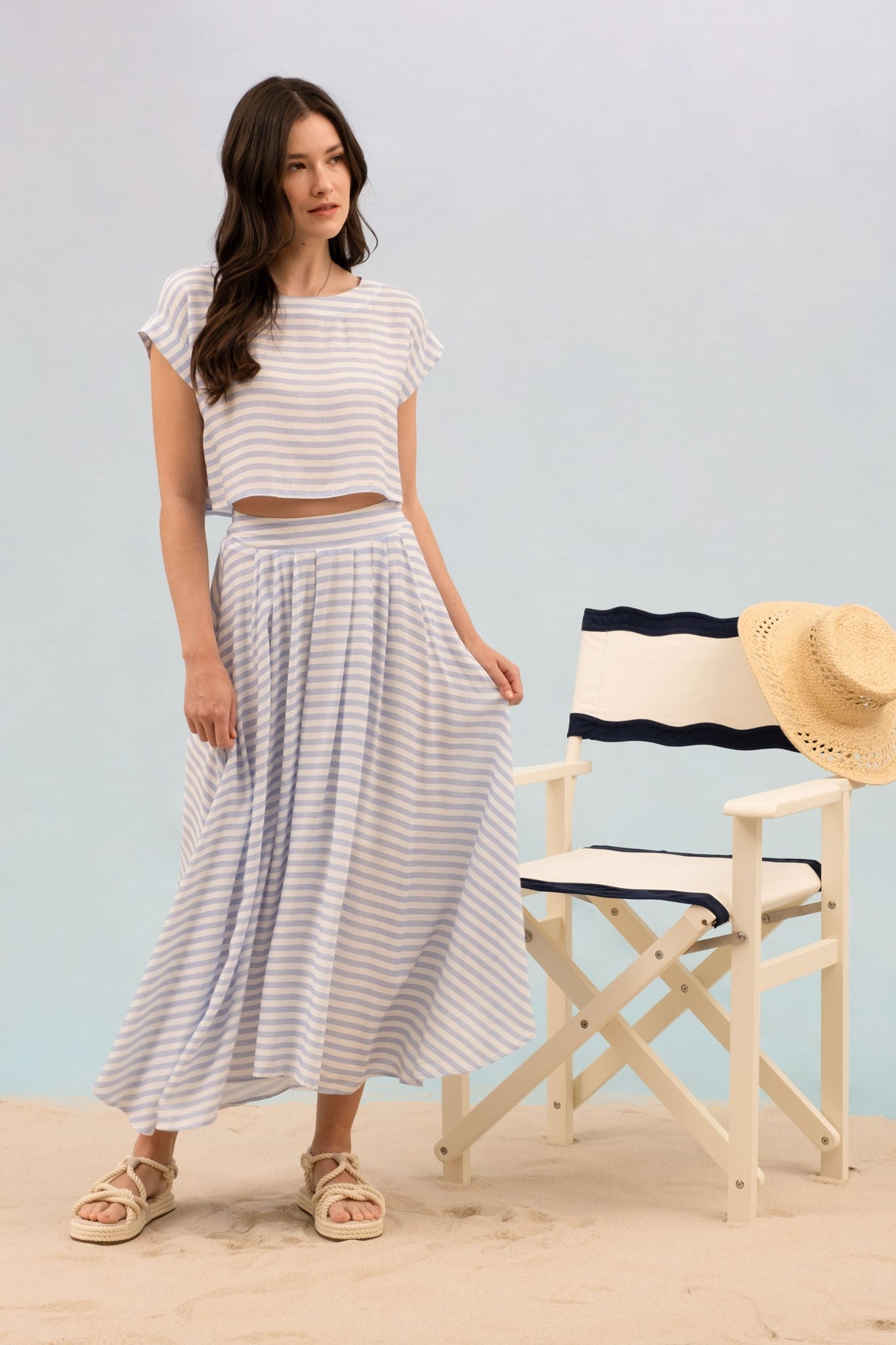 Stripe Pleated Midi Skirt