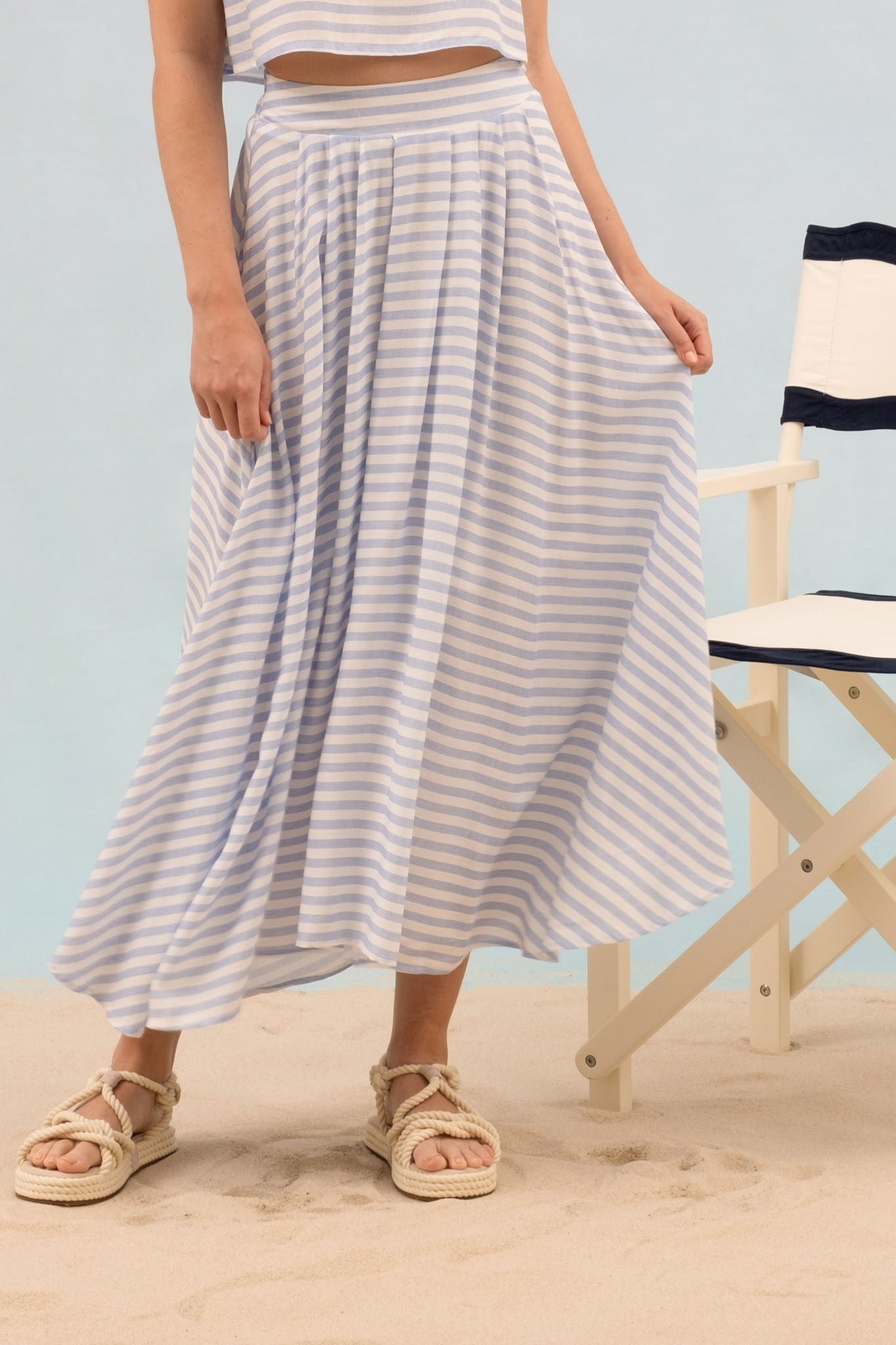 Stripe Pleated Midi Skirt