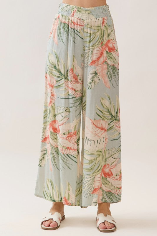 Print Smocked Wide Pants