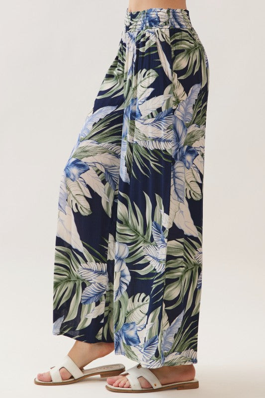 Print Smocked Wide Pants