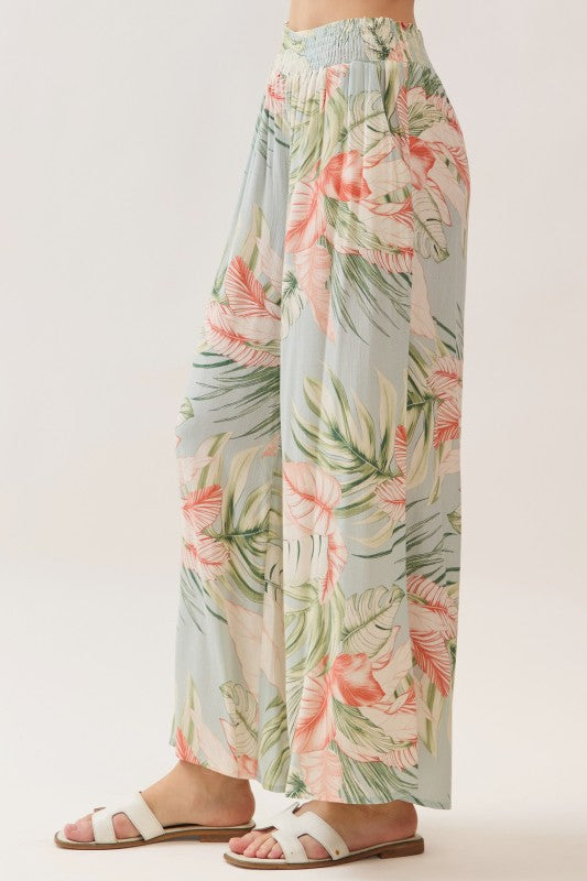 Print Smocked Wide Pants