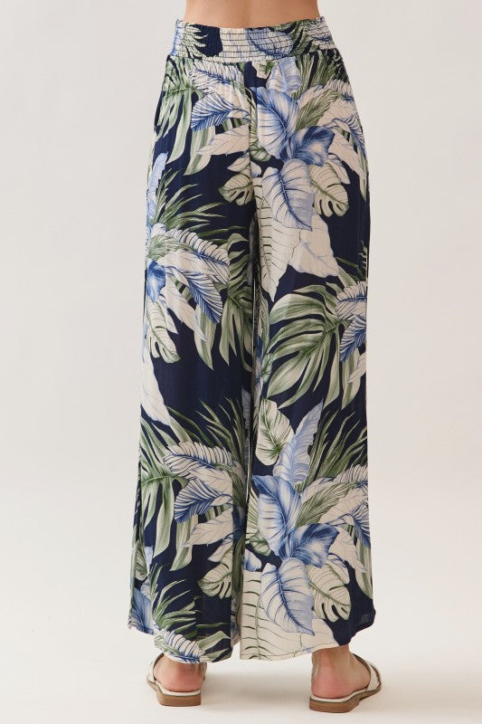 Print Smocked Wide Pants