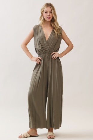 Woven Ruched Sleeveless Jumpsuit