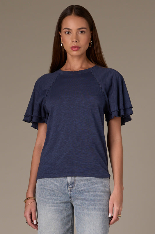 SHORT DOUBLE FLUTTER RAGLAN SLEEVE SCOOP NECK KNIT TOP W/ LADDER TRIM DETAIL
