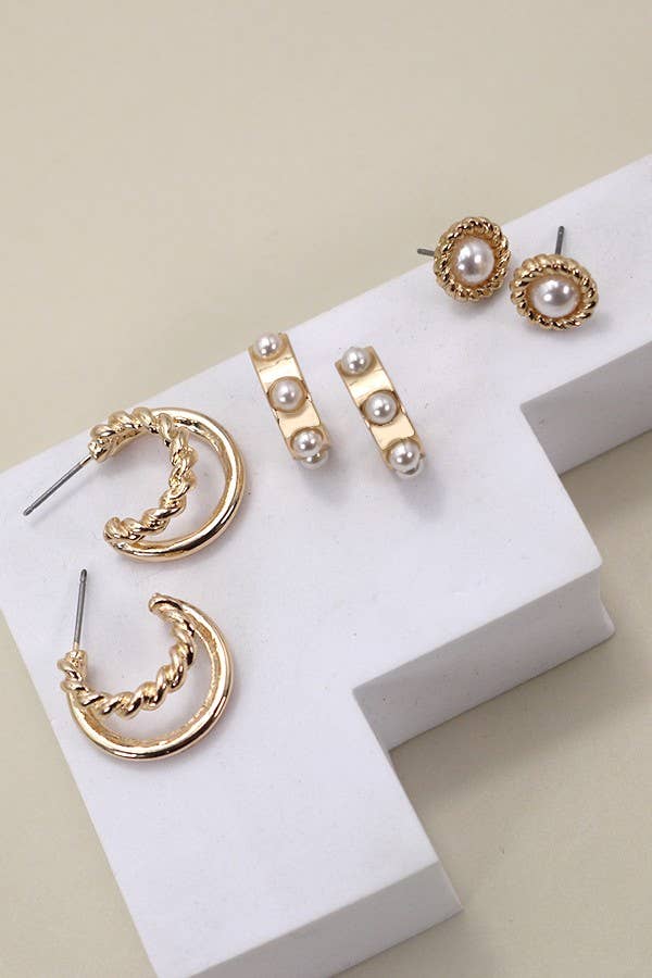 Gold Pearl Trio Earrings