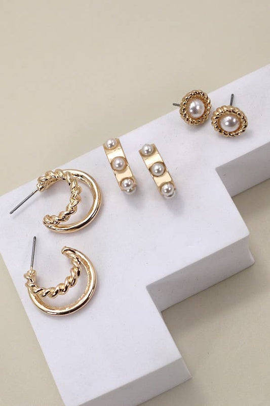 Gold Pearl Trio Earrings