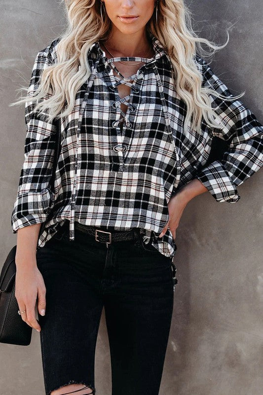 Plaid Drawstring Blouse